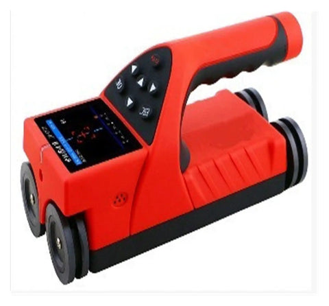 Portable stud finder wall scanner in red with digital display, designed to locate wiring and rebar in drywall and concrete.