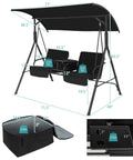 Two Person Outdoor Porch Swing With Canopy, Storage Table, Cooler Bag, And Cup Holders, Cozy Removable Cushions, Black