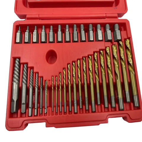 ASE35D 35 Piece Screw Extractor Set For Drill Bits Broken Bolt Remover And Stripped Fastener Tool in red case