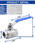 Three Quarter Inch Full Port Ball Valve NPT Female 316 Stainless Steel Built Tough Heavy Duty Valve For Water Oil And Gas With Handle WOG 1000 Rating 4 Pack Corrosion Resistant Industrial Plumbing Grade with product dimensions and details.