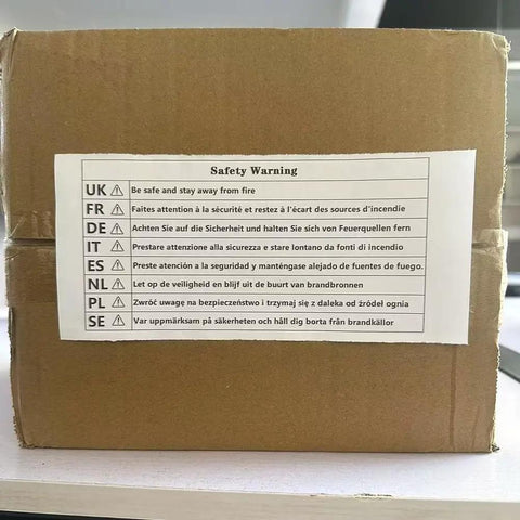 Safety warning label on a cardboard box providing fire safety instructions in multiple languages.