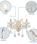 Infographic of white crystal wall sconce lighting with modern K9 glass crystal drops shade and detailed parts labeled, sleek wall lamp for bedroom and living room.