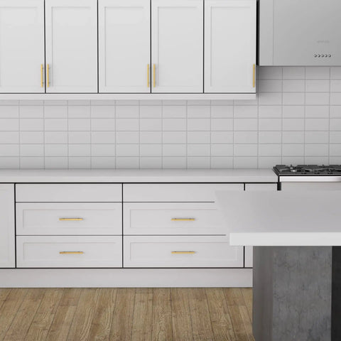 White kitchen cabinets with 30 Pack Brushed Brass Cabinet Handles Gold 3 Inch Drawer Pulls, modern design.