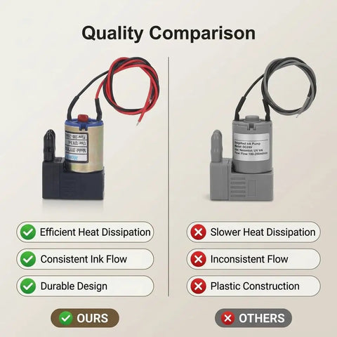 Quality comparison of Compact DC 24V 3W Ink Pump for Printers and Inkjets highlighting design and heat dissipation