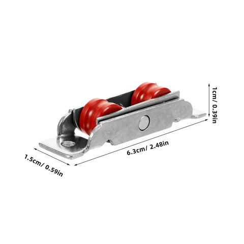 Rugged Sliding Door Pulley Track Set With Silent Dual Wheel Rollers And Rigged Tight Stainless Steel Nylon Bearings close-up of red dual wheel roller