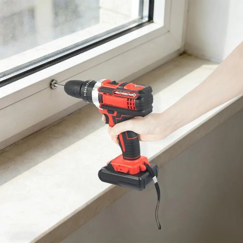 Heavy Duty Cordless Power Drill Featuring Variable Speed Trigger And Slick Ergonomic Handle Includes Plug And Play 1200 Mah Battery For Tough Wood And Ceramic Applications, in use at a window.