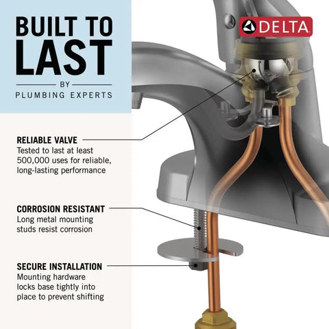 Delta Foundations Centerset Chrome Bathroom Faucet for Vanity 4 Inch 3 Hole Sink Fixture diagram showing internal components.