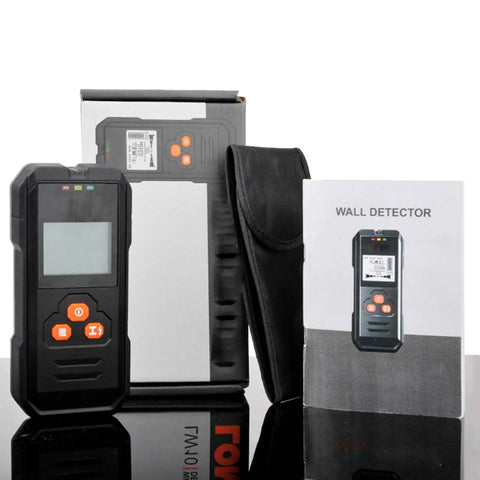 Straight Up Digital Stud Finder With Bright LCD Display For Precise Wood And Metal Wall Scan Plus AC Wire Voltage Locator and its packaging.