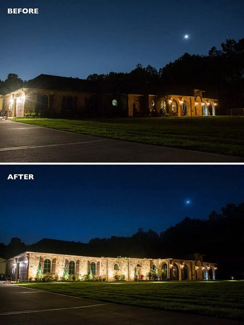 Before and after view highlighting outdoor lighting improvements using Top Shelf 15W Led Flood Lights For Yard And Landscaping.