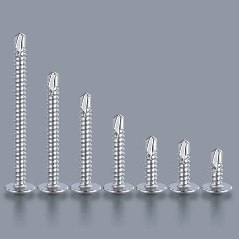 Number Eight Truss Head Self Tapping Screws For Sheet Metal 410 Stainless Steel Fasteners in various sizes on gray background.