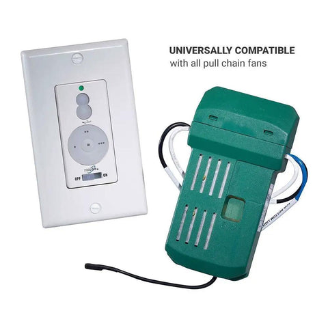 Three Speed Ceiling Fan Wall Controller With Light Dimmer And Receiver No Brainer Install On Off With Full Range Dimming Universal Compatibility For All Pull Chain Fans No Wiring Hassle showing wall control unit and receiver