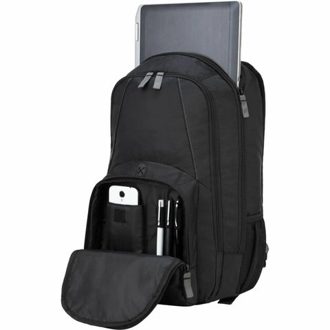 Hustle Hard Laptop Backpack For Up To 17 Inch Machines, Water Repellent Travel Daypack With Padded Tech Vault And Flexible Organization, Slick Black Commuter Bag showcasing laptop compartment and front pocket.
