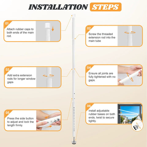 Installation steps for Heavy Duty Adjustable Slide Stop Bar. Tool-free setup for patio doors or windows, shown in six clear steps.
