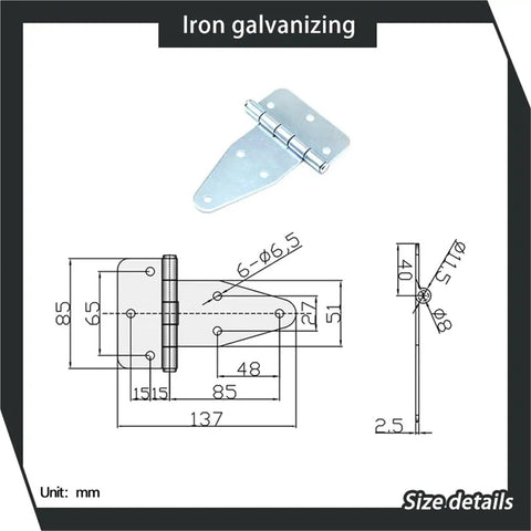 Straight Up Heavy Duty Galvanized Iron Triangle Hinge With Thickened Reinforced Arms Designed For Tough Mechanical Equipment And Rock Solid Industrial Hardware Installations, dimensions illustration.