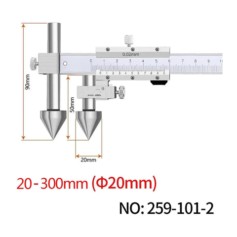 Rugged Stainless Steel Center Distance Cone Caliper Precision Hole Offset Gauge With Crisp Vernier Scaling And A Compact Design Built Tough for measurements 20 to 300 mm.