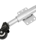 Heavy Duty Spring Loaded Gate Caster Wheels With 6 Holes Universal Plate 2 Inch Swivel Rollers Adjustable Height Polyurethane Tires side view of caster wheel with metal housing.