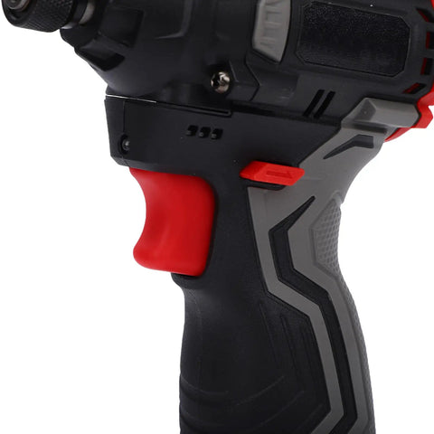 Close-up of Heavy Hitter Cordless Drill Set Featuring Variable Speed Settings and Knockout Torque Engine handle grip with red accents.