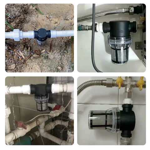 Premium Garden Sediment Filter for Pressure Washers and Transfer Pumps in plumbing setups, showing 3/4 inch inlet detail.
