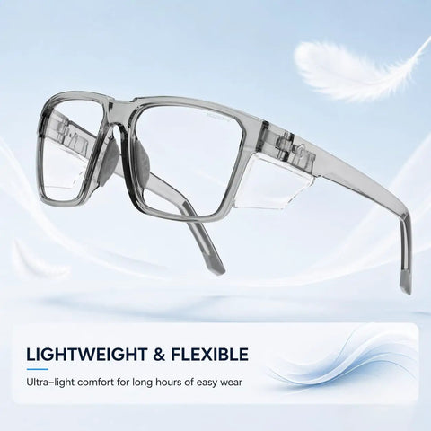 Built Tough Photochromic Safety Glasses With Auto Darkening Lenses Shifting From Clear Indoor View To Dark Shades Outside, shown in a lightweight design.