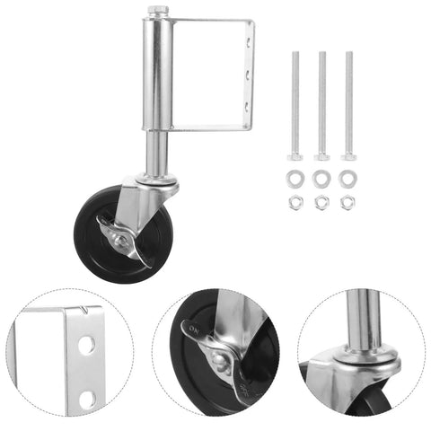 Heavy Duty Spring Loaded Gate Wheels Crafted In Cold Rolled Steel For Quick Automatic Height Adjust and Smooth Sailing Over Uneven Dirt Paths While Bearing Up To Seventy Five Kilos Each showing a side profile of a single gate wheel with mounting bracket.
