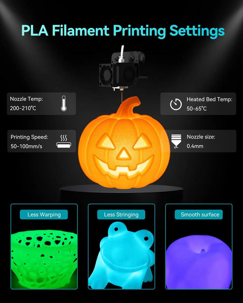 Details of Glow In The Dark PLA Filament 1.75mm 4 Pack Bundle For 3D Printing with pumpkin, frog, and bowl prints.