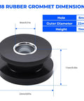 M8 Rubber Grommet Kit With Steel Core, Ten Piece Reinforced Bushing Set dimensions showing 8mm hole, 22mm outer diameter, and 11mm height.