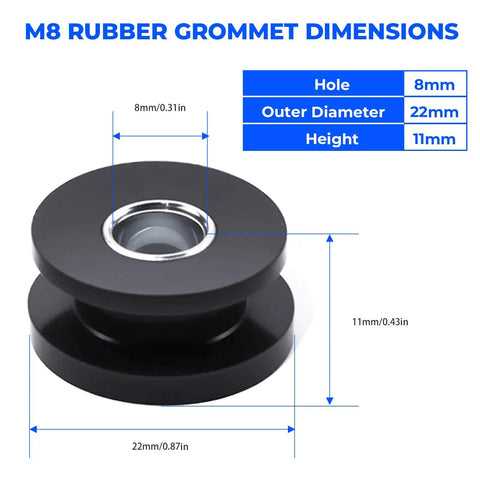 M8 Rubber Grommet Kit With Steel Core, Ten Piece Reinforced Bushing Set dimensions showing 8mm hole, 22mm outer diameter, and 11mm height.