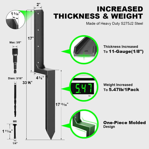 Heavy Duty Fence Post Repair Kit With One-Piece 11-Gauge Steel Anchors And Stakes, Fix Leaning 4x4 Or 6x6 Wood Posts, 4-Pack For Quick-Fix Beefed-Up, Durable Post Stabilization