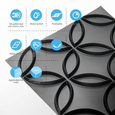 Interlocking Circles 3D Wall Panel in Matte Black for Walls and Ceilings Waterproof and Fire Resistant Lightweight DIY Accent