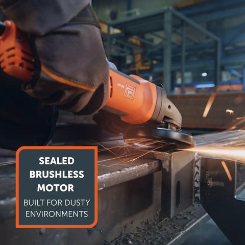 Brushless Compact Angle Grinder Built Like A Tank For Heavy Duty Grinding And Sharp Cutting Jobs Featuring Smart Overload Guards in use on metal.