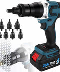 Slick Cordless Rivet Gun With Dual 26V Batteries And Seven Quick Swap Tips featuring close-up of the tool and tips.
