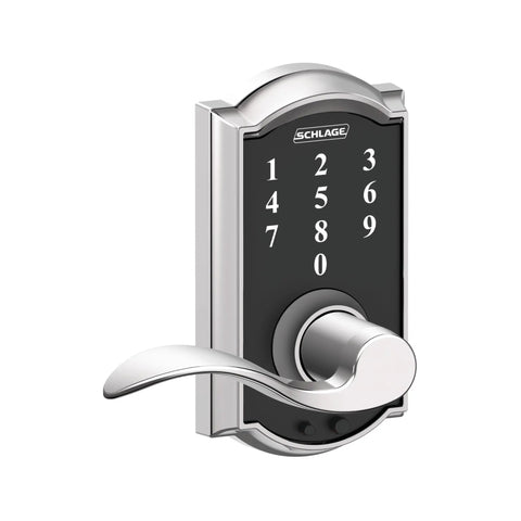 Touchscreen Keyless Lever Door Lock With Backlit Number Pad For Front Entry Camelot Style Lever Handle Bright Chrome Finish