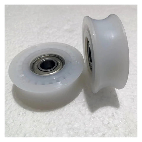 Silent Glide Sliding Glass Door Rollers With Zero Friction Flanged Wheels And Rock Solid Nylon Hanging Track Hardware Kit visible, white nylon wheels detail.