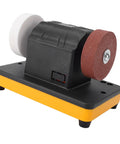 Rugged Cordless Mini Bench Grinder With Three Inch Variable Speed Wheel Battery Powered Portable Sharpener for sharpening and deburring.