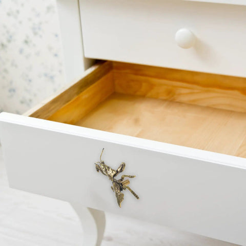 Antique Mantis Cabinet Pulls And Drawer Knobs For Dresser Closet Cupboards And Doors In Coffee Brass Finish on white drawer