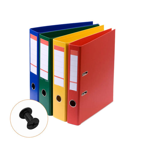 Grab Boss Chicago Screws For Book Binding And Riveting A Gang Size Pack Of 50 M4X8mm Slotted Dual Head Binding Screws With Black Finish alongside colorful binders.
