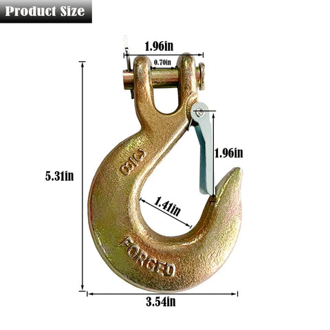 Three Eighths Inch Clevis Slip Hook With Latch Forged G70 Steel Chain Hook dimensions with measurements labeled
