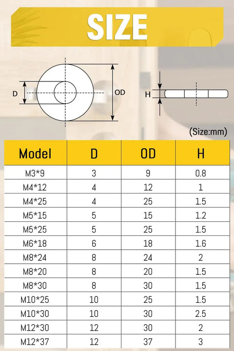 Size chart showing dimensions of washers, including M6 Flat Washers Set 18mm Outer Diameter 1.6mm Thick Stainless Steel 304 A2 Pack Of 20