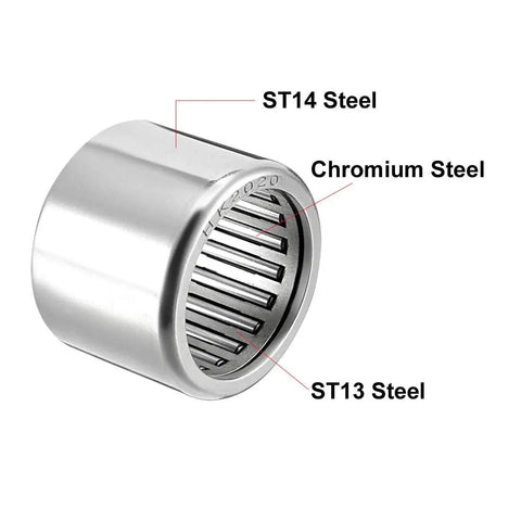 Heavy Duty Slick Operation Drawn Cup Needle Roller Bearing Open End 20mm Bore 26mm OD 20mm Width showing ST14 and Chromium steel.