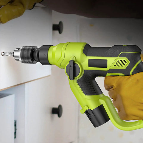 Built Tough Cordless Drill Hammer Screwdriver Industrial Power Tool Combo Set Featuring Three Mode Switches dual lithium battery and drill in use.