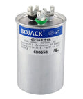 Built Tough 45 Plus 5 Uf Dual Run Capacitor Cbb65 Three Pin 370 Volts 440 Vac Circular AC motor compressor fan replacement with metal shell.
