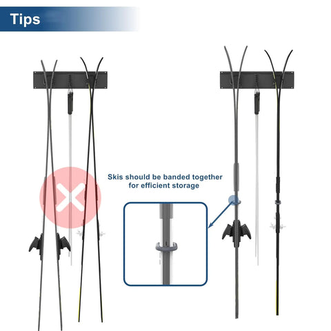 Heavy Duty Wall Mount Ski Rack For Garage Adjustable Steel Rail Holds Four Pairs Of Skis, guiding ski storage tips displayed.