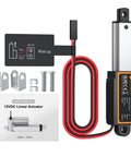 Straight Shooting 12 Volt Telescoping Linear Actuator With One Point Two Inch Stroke Delivers Six Point Seven Pound Push Thrust and wiring accessories.