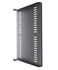 Heavy Duty 1U Server Rack Shelf Ventilated Cantilever Tray Black side view showing perforated design for airflow cooling.