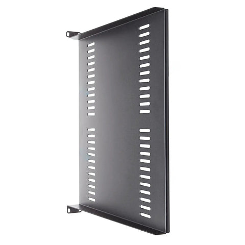 Rock Solid 1U Server Rack Shelf With Vented Steel Cantilever Mount Tray In Matte Black angled view, showcasing ventilation holes for airflow.