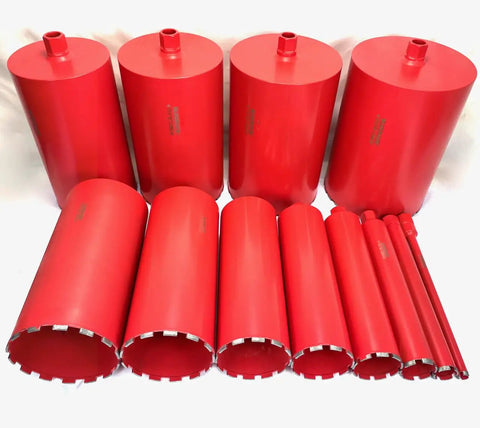 12 piece Pro Series diamond wet core bit set for Badass 12 Inch Concrete Core Drill Rig, red metal construction, various sizes.
