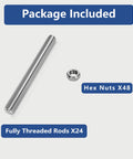 Angled view of a long 304 stainless steel M3 fully threaded rod with a hex nut; package includes 24 rods and 48 nuts.