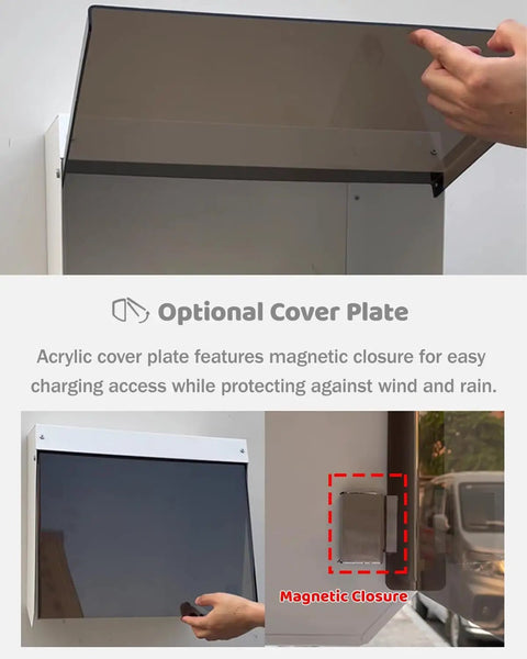 Rock Solid Outdoor EV Charger Enclosure Wall Box with optional acrylic cover featuring magnetic closure for weather protection.