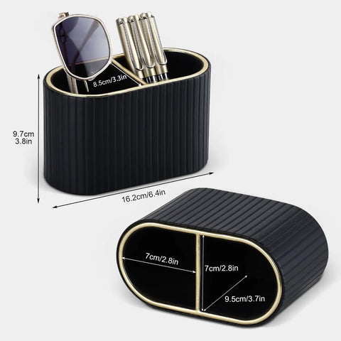 PU Leather Desk Organizer Pen Holder with dual compartments for pens and accessories, black, 16.2x8.5x9.7cm, for office use.