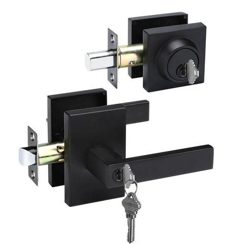 Slick Matte Black Exterior Door Handle And Deadbolt Hardware Set Featuring Tough Keyed Alike Mechanism For No Hassle Front Entry Security And Dependable House Access Solutions view showing matte black finish and key mechanism.